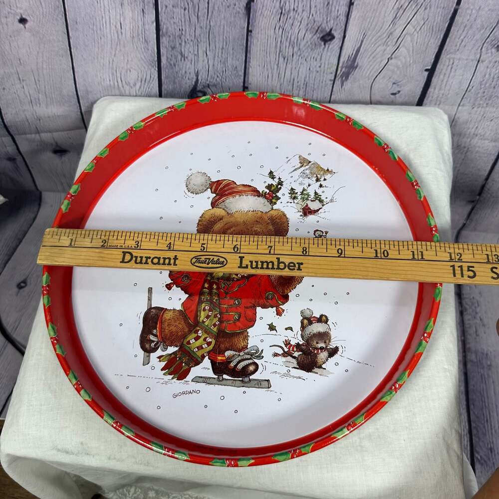 Vintage 1991 Giordano/Giftco Christmas Metal Tray Skating Teddy Bear and Mouse - Picture 4 of 5